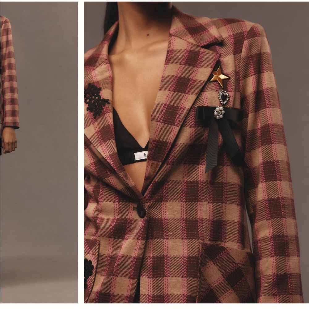 Anthropologie Brown Blazer with Buffalo Plaid Pattern
